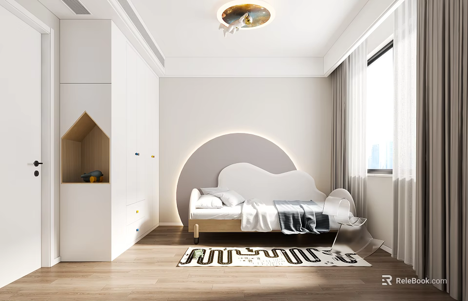Cozy Kids Room Design With Cloud Shaped Headboard White Furniture Rug And Storage Cabinets 3d model 