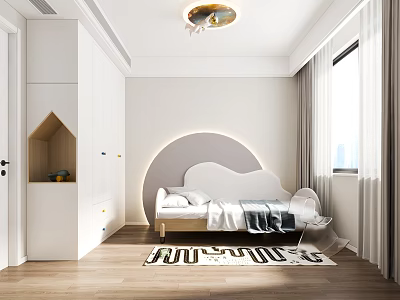 Cozy Kids Room Design With Cloud Shaped Headboard White Furniture Rug And Storage Cabinets 3d model
