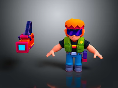 Playful Cartoon Character With Orange Hair Purple Sunglasses Green Vest Blue Pants Holding Purple Item 3d model