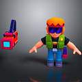 Playful Cartoon Character With Orange Hair Purple Sunglasses Green Vest Blue Pants Holding Purple Item
