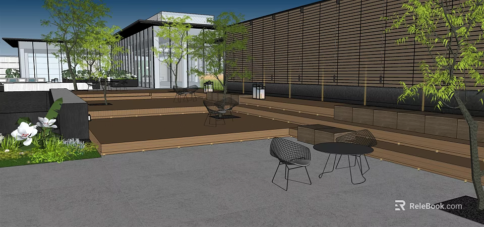 Modern Garden Landscape with Building Wooden Deck Outdoor Furniture Trees and Louver Wall 3d model 