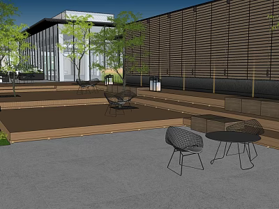 Modern Garden Landscape with Building Wooden Deck Outdoor Furniture Trees and Louver Wall 3d model