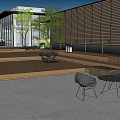 Modern Garden Landscape with Building Wooden Deck Outdoor Furniture Trees and Louver Wall