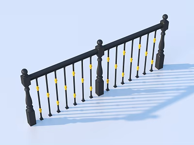Black Railing With Yellow Decorative Accents And Vertical Metal Balusters 3d model