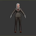 3D Female Character In Brown Suit With White Hair Red Tie White Gloves Red Shoes