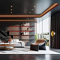 Modern Dark Living Room With Sofas Artwork Red Shelves And Large Windows 3d model