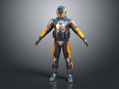 Futuristic Armored Character With Mechanical Armor Plates Orange Accents And Helmet Visor 3d model