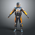 Futuristic Armored Character With Mechanical Armor Plates Orange Accents And Helmet Visor