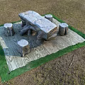 Rustic Outdoor Table With Four Stump Stools On Wooden Pattern Mat With Green Edges