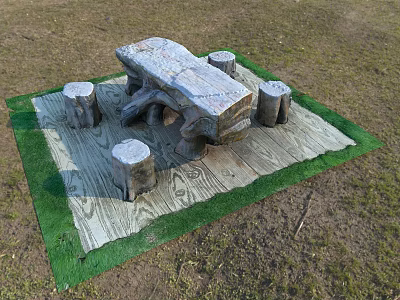 Rustic Outdoor Table With Four Stump Stools On Wooden Pattern Mat With Green Edges 3d model