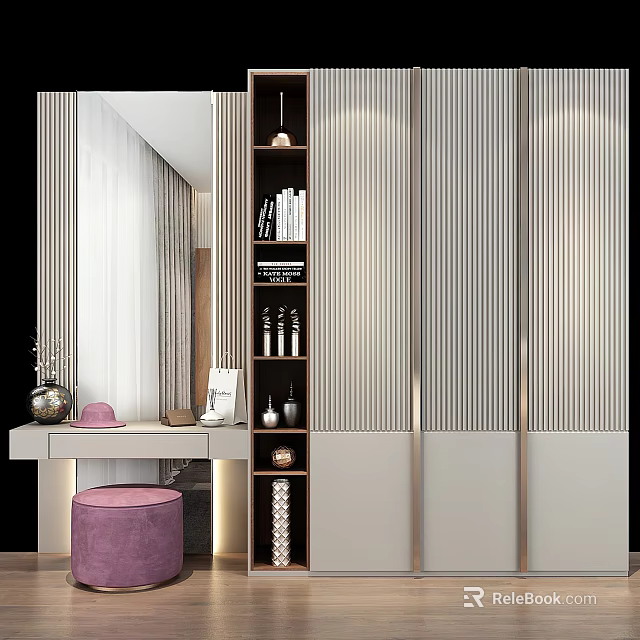 Modern Wardrobe with Striped Panel Design and Dressing Table Mirror Storage Shelves 3d model