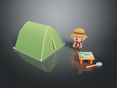 Game and Movie Character With Green Tent Small Table Camping Supplies And Shovel 3d model