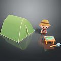 Game and Movie Character With Green Tent Small Table Camping Supplies And Shovel