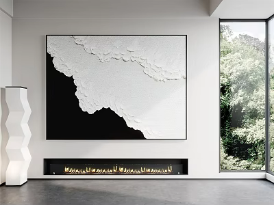 Large Black White Abstract Painting In Modern Interior With Geometric Column Fireplace And Green Trees 3d model