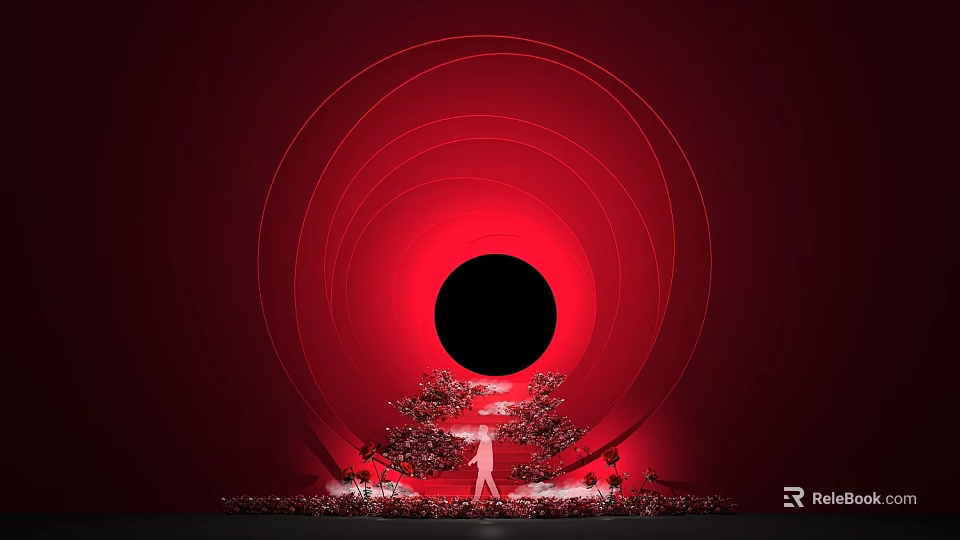 Check-in Photo Spot With Red Background Concentric Rings Black Circle And Red Flower Decorations 3d model 