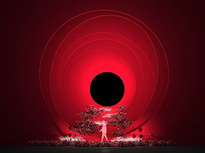 Check-in Photo Spot With Red Background Concentric Rings Black Circle And Red Flower Decorations 3d model