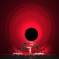 Check-in Photo Spot With Red Background Concentric Rings Black Circle And Red Flower Decorations