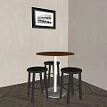 Modern Round Wooden Table With Metal Base And Black Bar Stools In Corner Space