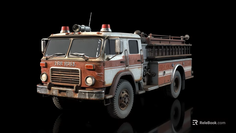 Vintage Red And White Fire Truck With Emergency Lights And Hoses 3d model 