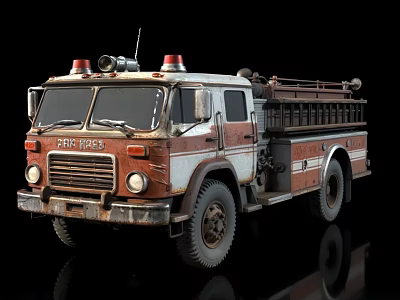 Vintage Red And White Fire Truck With Emergency Lights And Hoses 3d model