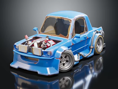 Blue Cartoon Style Modified Car With Exposed Engine Large Wheels And Custom Bumper 3d model