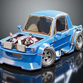 Blue Cartoon Style Modified Car With Exposed Engine Large Wheels And Custom Bumper 3d model