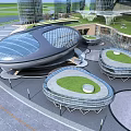 Modern High Rise Office Building With Glass Curtain Wall And Green Roof In Urban Complex