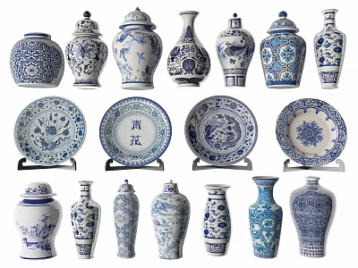 Blue And White Ceramic Wares With Traditional Patterns Including Vases Jars And Plates 3d model