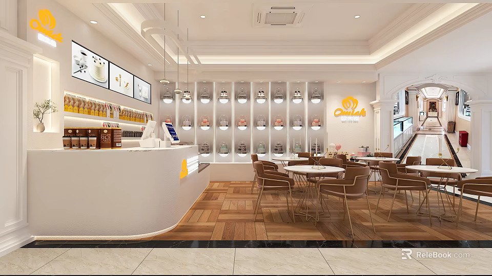 Bright Sweet Shop Interior With Glass Display Cases Desserts Drinks Tables Chairs And Hanging Lights 3d model 