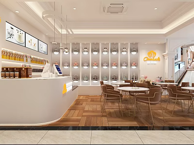 Bright Sweet Shop Interior With Glass Display Cases Desserts Drinks Tables Chairs And Hanging Lights 3d model