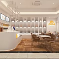 Bright Sweet Shop Interior With Glass Display Cases Desserts Drinks Tables Chairs And Hanging Lights