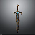 Ornate Golden Sword With Blue Gemstone Twisted Patterns And Carved Hilt