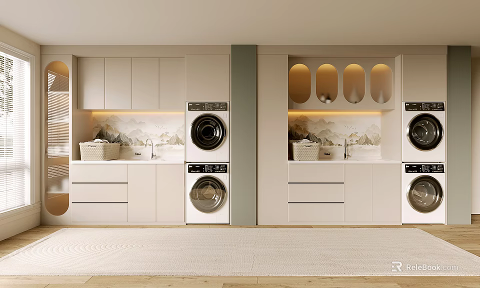 Modern Laundry Room With White Cabinets Washing Machines Dryers Baskets And Mountain Backsplash 3d model 
