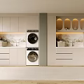 Modern Laundry Room With White Cabinets Washing Machines Dryers Baskets And Mountain Backsplash