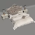 Elegant Upholstered Double Bed With Ornate Headboard Multiple Pillows Lace Bedspread And Gold Table Lamps