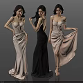 Three Women Wearing Elegant Satin Evening Gowns with Different Styles and Designs