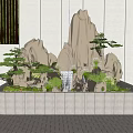 Natural Rockery Formation With Water Pool Green Plants And Pine Trees In Garden
