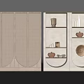 Decorative Cabinet With Textured Wooden Panels And Open Shelving Displaying Ceramic Vases And Bowls