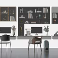 Modern Home Office Desk With Built in Bookshelves Computers Chairs And Decorative Plants