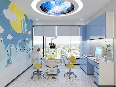 Colorful Dental Clinic Interior With Starry Ceiling Yellow Chairs Blue Cabinets And Windows 3d model