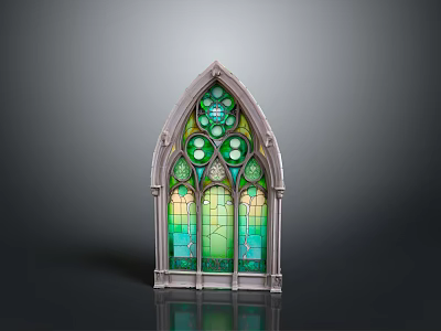 Gothic Arched Stained Glass Window with Green Tones and Intricate Church Style Design 3d model