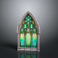 Gothic Arched Stained Glass Window with Green Tones and Intricate Church Style Design