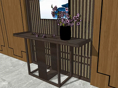 Elegant Console Table Interior With Black Vase Purple Flowers And Wooden Panel 3d model