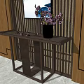 Elegant Console Table Interior With Black Vase Purple Flowers And Wooden Panel