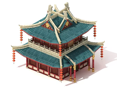 Traditional Chinese Ancient Building With Green Tiled Roof Curved Eaves And Red Lanterns 3d model