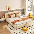 Kids Room Interior With Beige Bed Pillows Cloud Cushions Fruit Painting White Bookshelf Yellow Toys