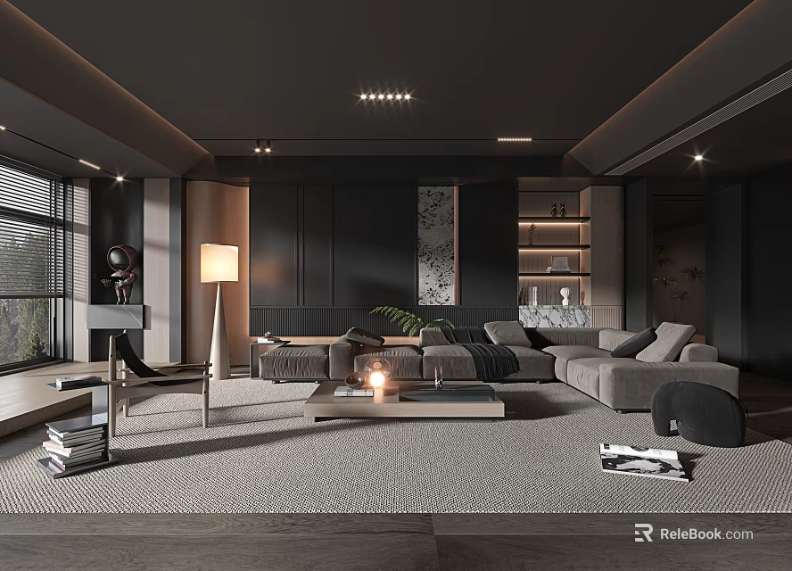 Modern Dark Tones Living Room Interior With Gray Sofa Area Rug Coffee Table And Bookshelf 3d model 
