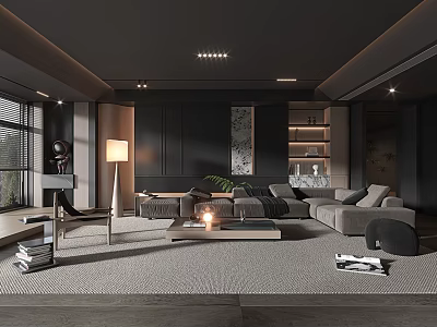 Modern Dark Tones Living Room Interior With Gray Sofa Area Rug Coffee Table And Bookshelf 3d model