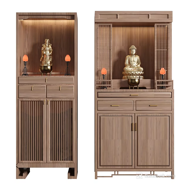 Wooden Buddhist Shrine Cabinet With Lattice Doors Buddha Statue Incense Burner And Decorative Lamps 3d model 