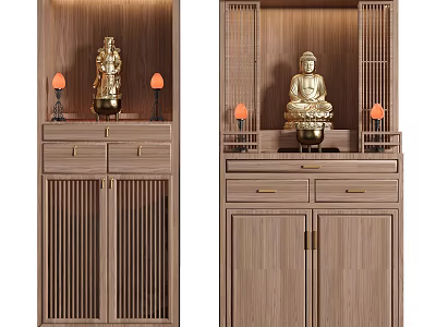 Wooden Buddhist Shrine Cabinet With Lattice Doors Buddha Statue Incense Burner And Decorative Lamps 3d model